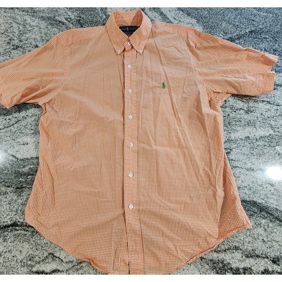 RALPH LAUREN SHORT SLEEVE BUTTON DOWN MENS LARGE ORANGE WHITE GREEN PONY CLASSIC - Picture 3 of 10
